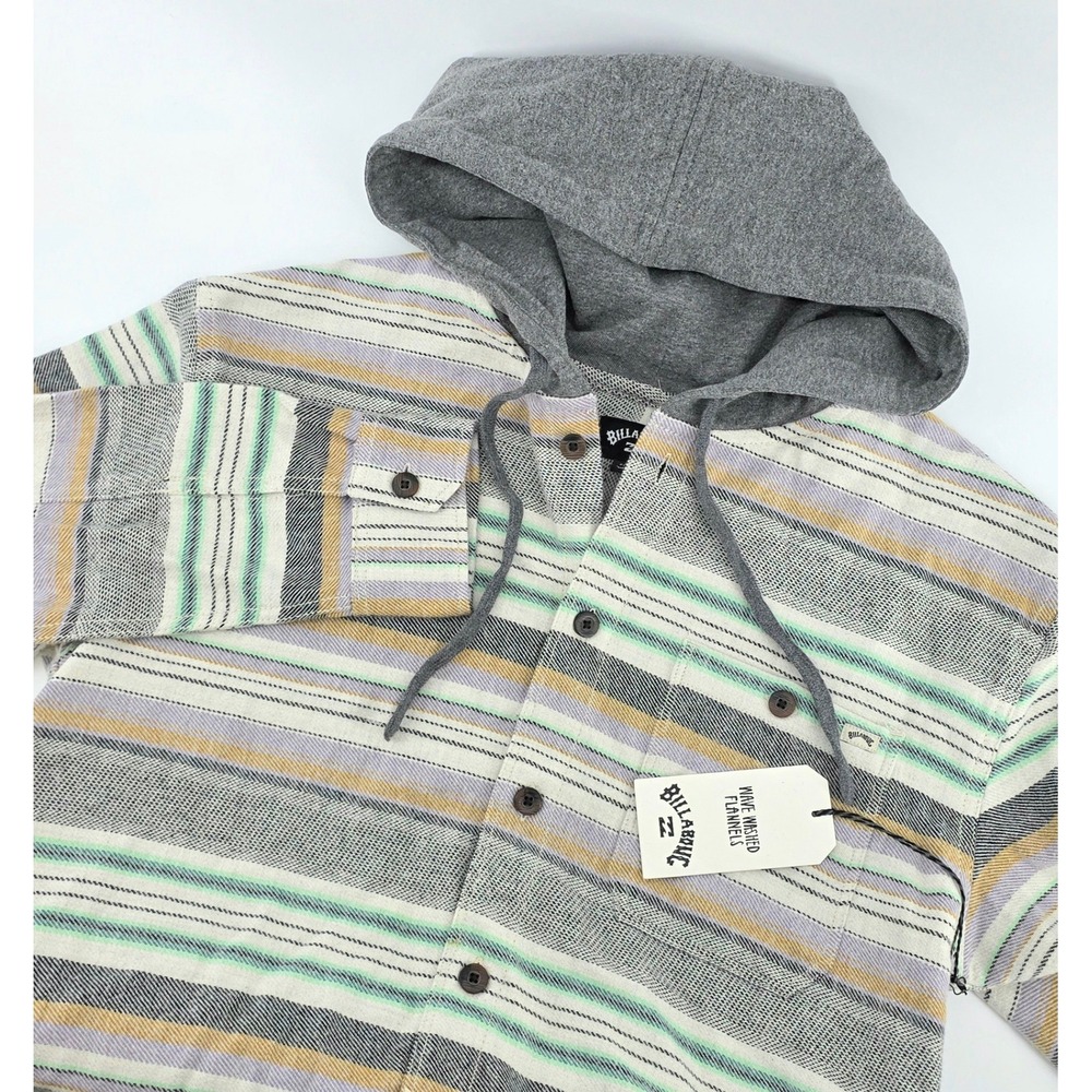 Billabong Baja Flannel Surf Hooded Shirt Size Small Mens Striped Wave Washed NWT